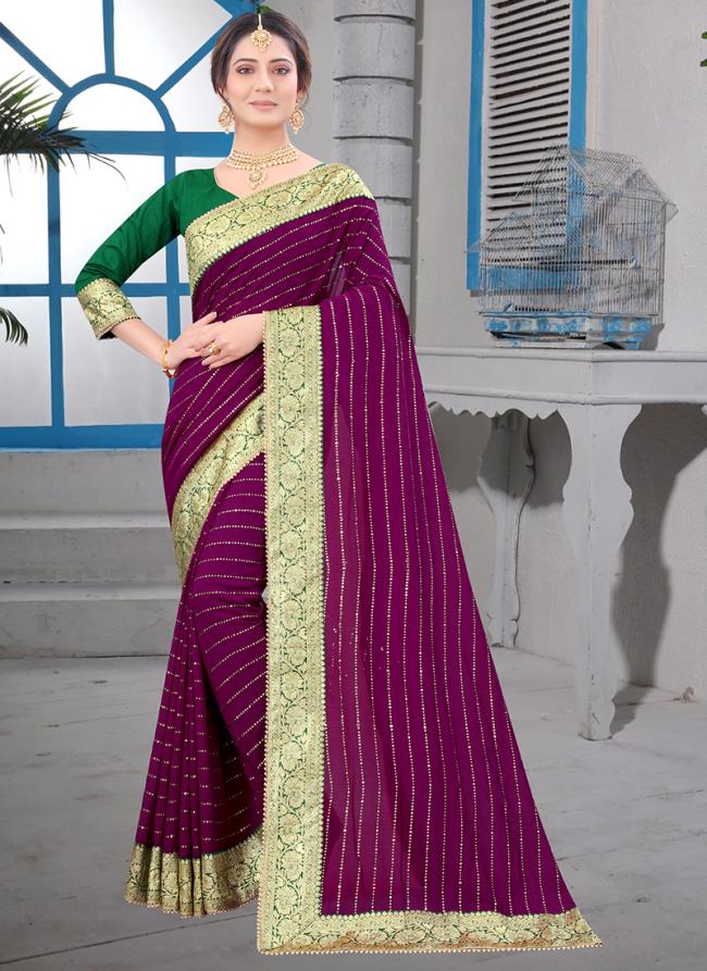 Wine Vichitra Silk Festival Wear Border Work Saree