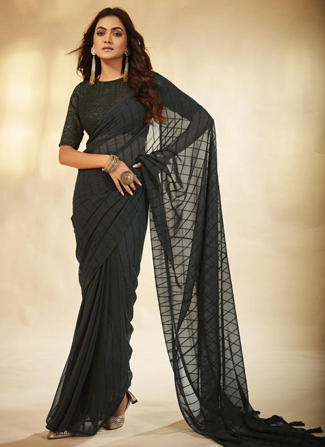 Black Organza Party Wear Embroidery Work Saree