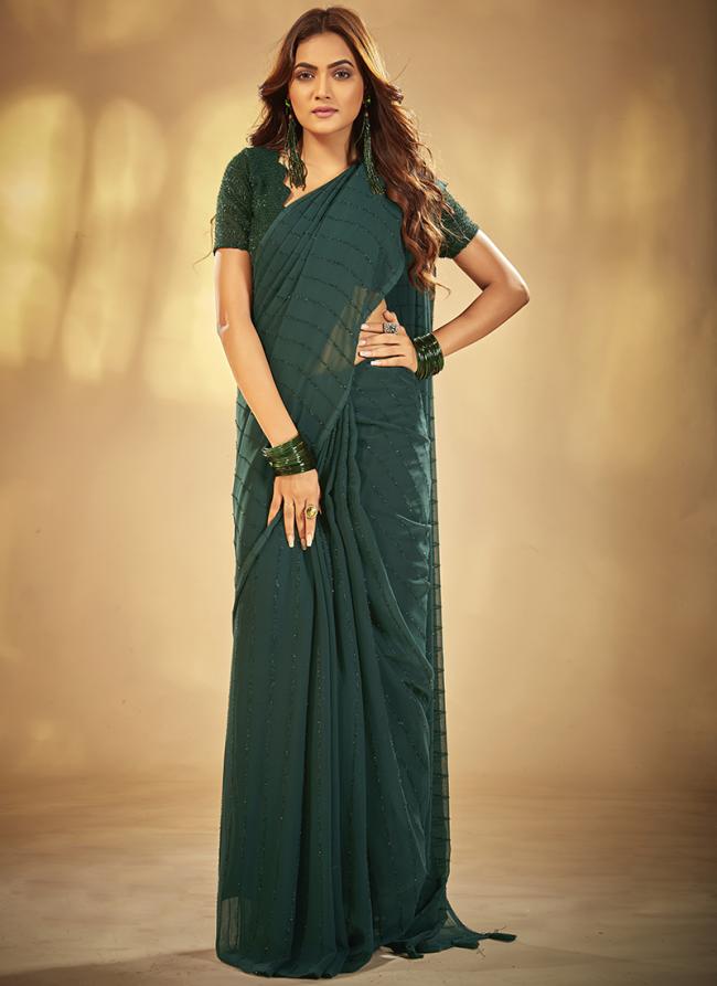 Bottle Green Organza Party Wear Embroidery Work Saree