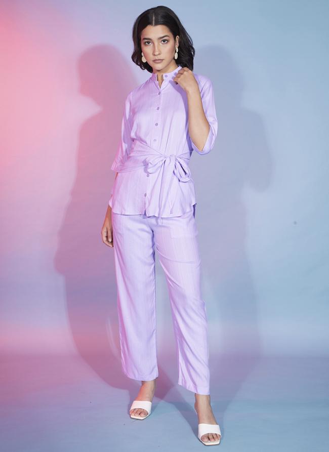Lavender Viscose Rayon Party Wear Plain Cord Set