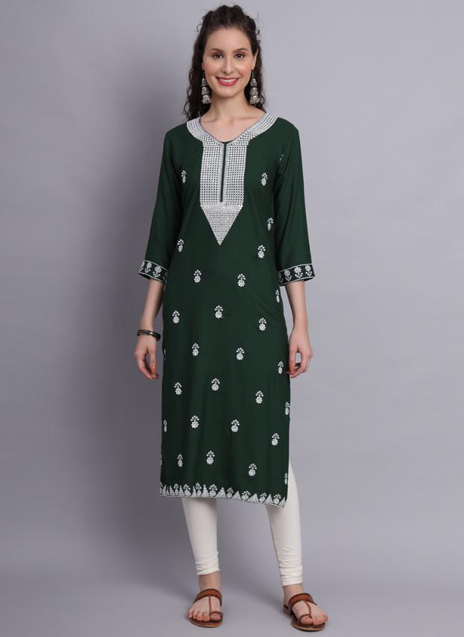 Green Rayon Casual Wear Lucknowi Work Kurti