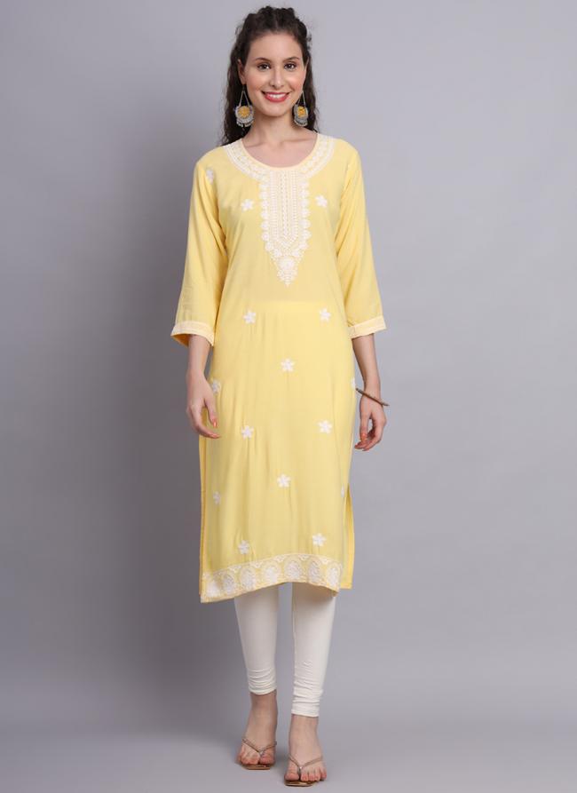 Yellow Rayon Casual Wear Lucknowi Work Kurti