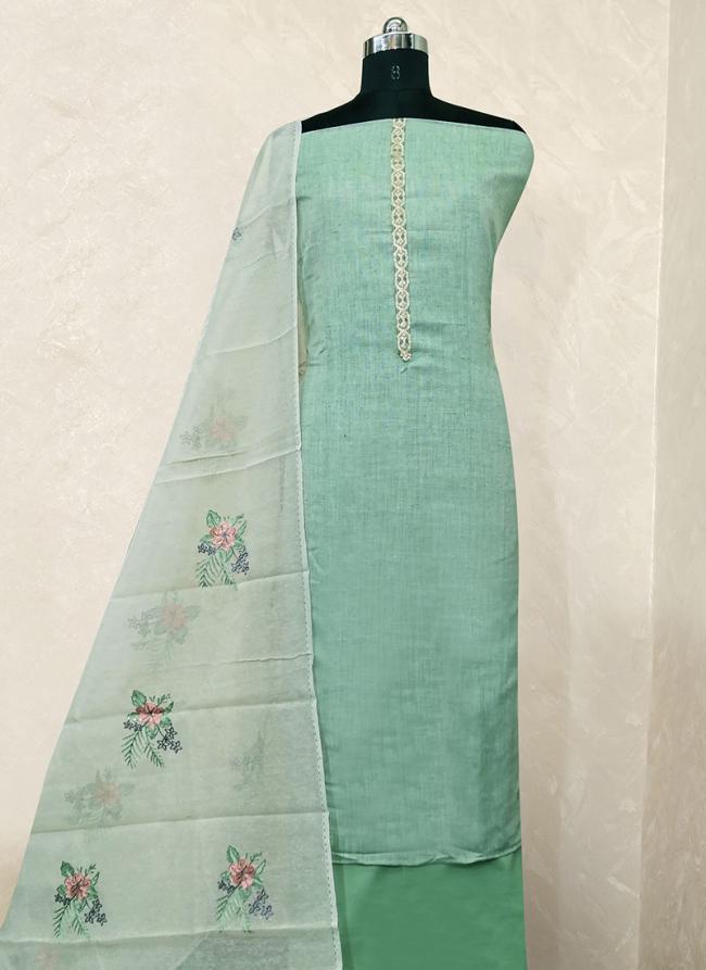 Pista Green Khadi Traditional Wear Embroidery Work Dress Material