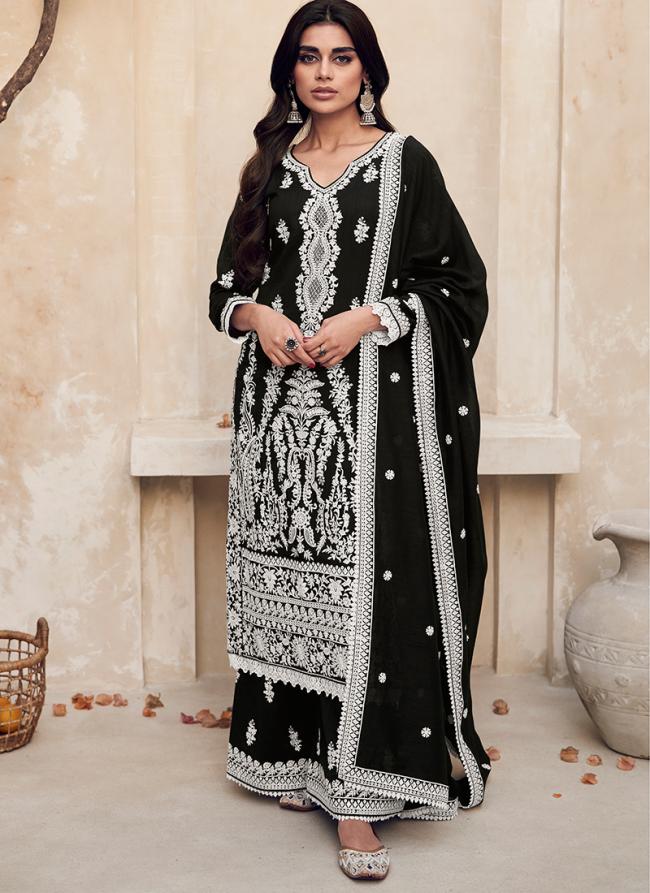 Black Silk Festival Wear Embroidery Work Palazzo Suit
