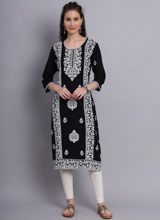Black Rayon Traditional Wear Lucknowi Work Kurti