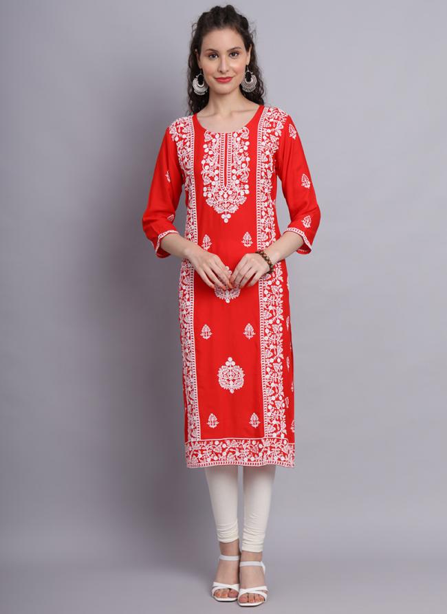 Red Rayon Traditional Wear Lucknowi Work Kurti