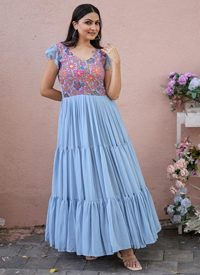 Sky Blue Faux Georgette Party Wear Printed Work Gown