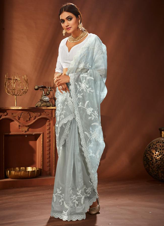 Grey Khadi Organza Traditional Wear Embroidery Work Saree