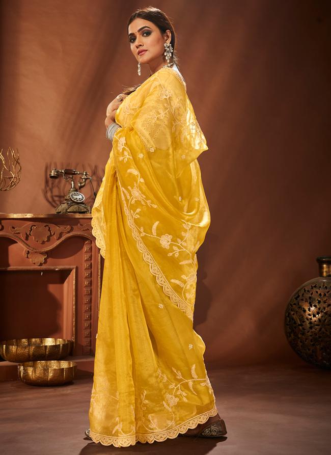 Yellow Khadi Organza Traditional Wear Embroidery Work Saree