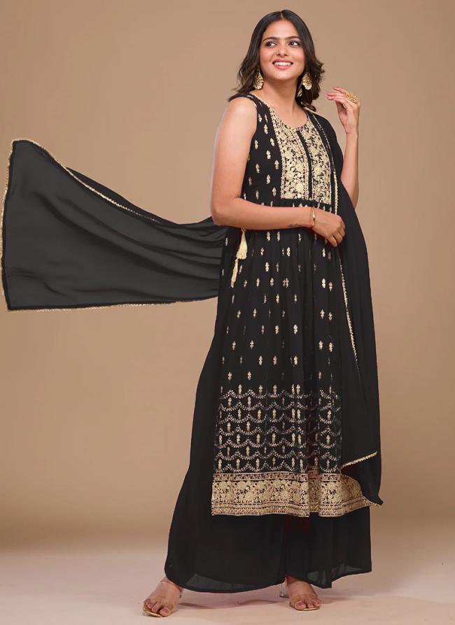 Black Georgette Festival Wear Embroidery Work Palazzo Suit
