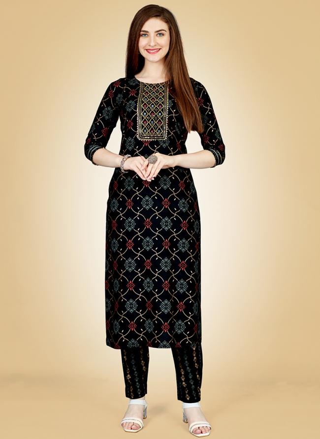 Black Rayon Casual Wear Embroidery Work Kurti With Pant