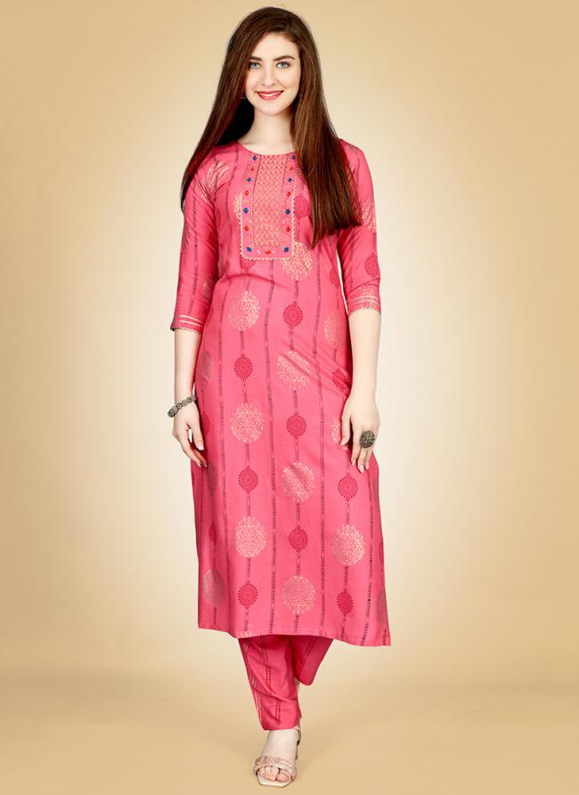 Pink Rayon Casual Wear Embroidery Work Kurti With Pant