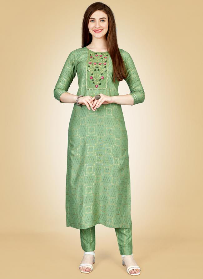 Pista Green Rayon Casual Wear Embroidery Work Kurti With Pant