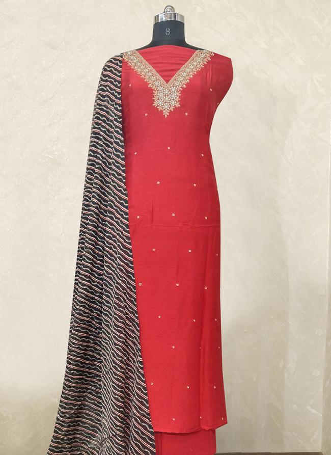 Red Russian Silk Festival Wear Hand Work Dress Material