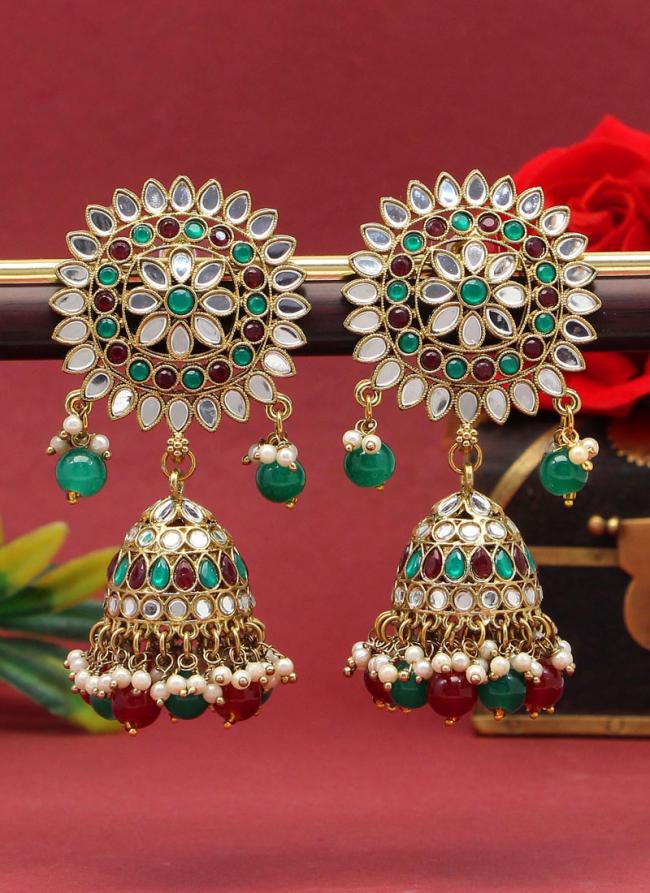 Mahendi Green And Gold Mirror Jhuma Earrings