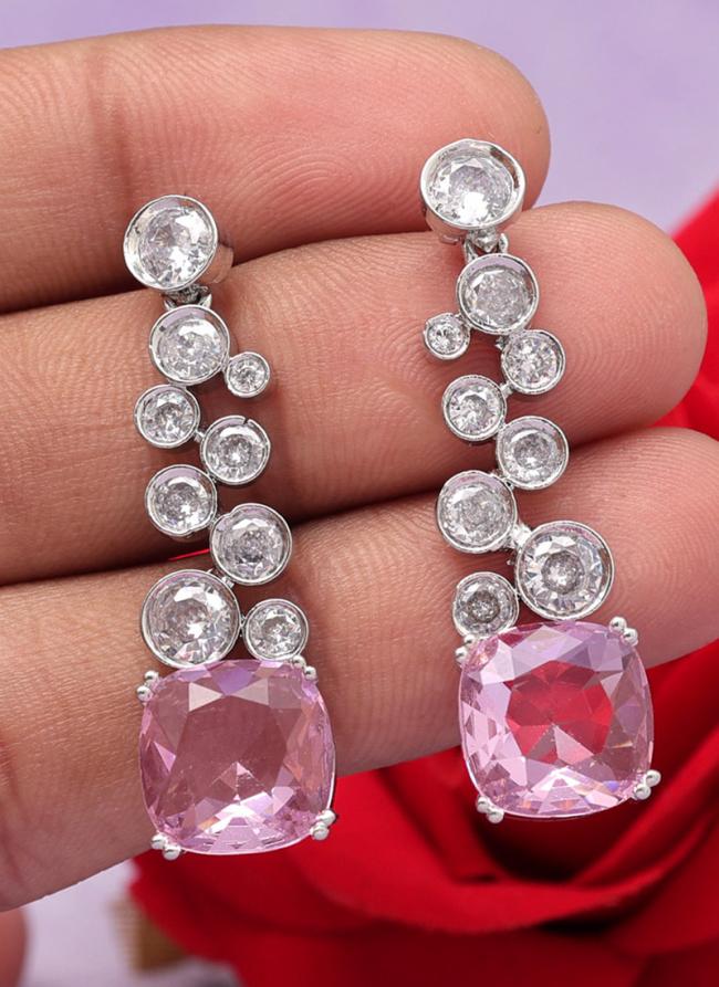   Party Wear  Pink Silver American Diamond Earrings