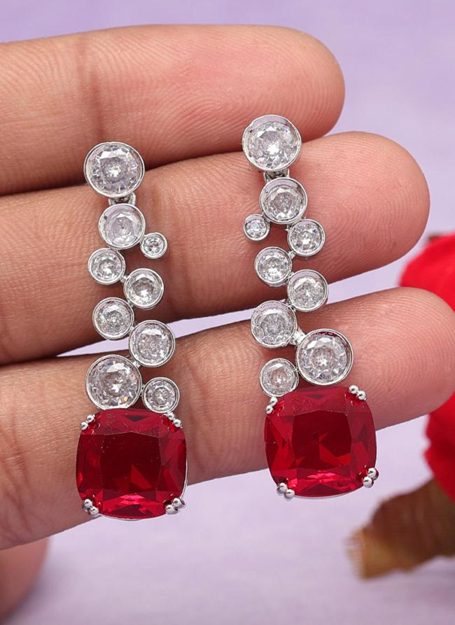   Party Wear  Red Silver American Diamond Earrings