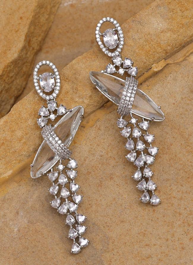   Party Wear  Silver Luxurious Long Cubic Zirconia Pendant Earrings