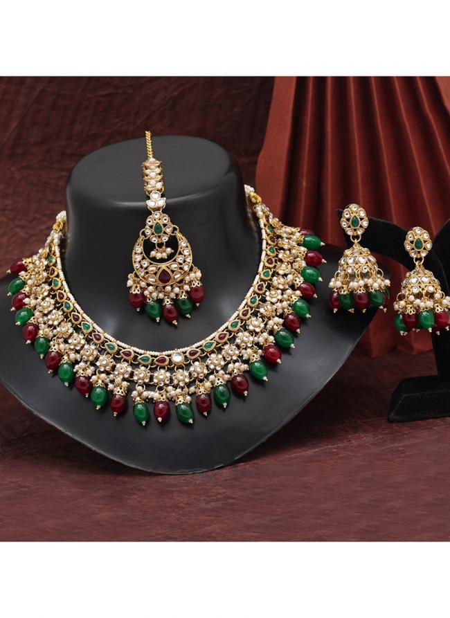   Party Wear  Maroon Green Kundan Choker Necklace Set