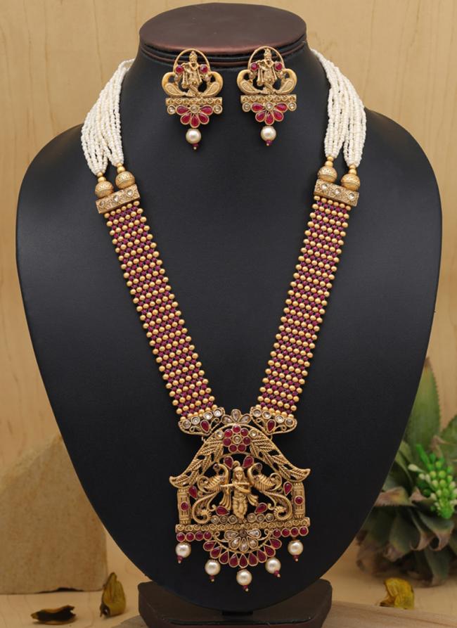   Party Wear  Rani Vilandi Kundan Long Matte Gold Temple Necklace Set