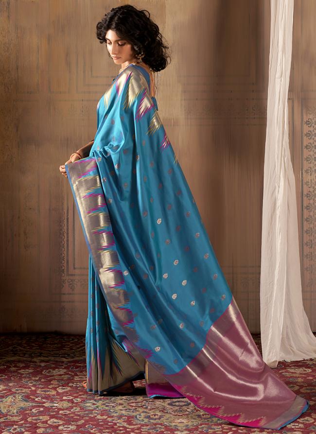 Banarasi Silk Sky Blue Traditional Wear Weaving Saree