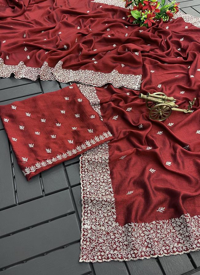 Blooming Vichitra Maroon Festival Wear Embroidery Work Saree