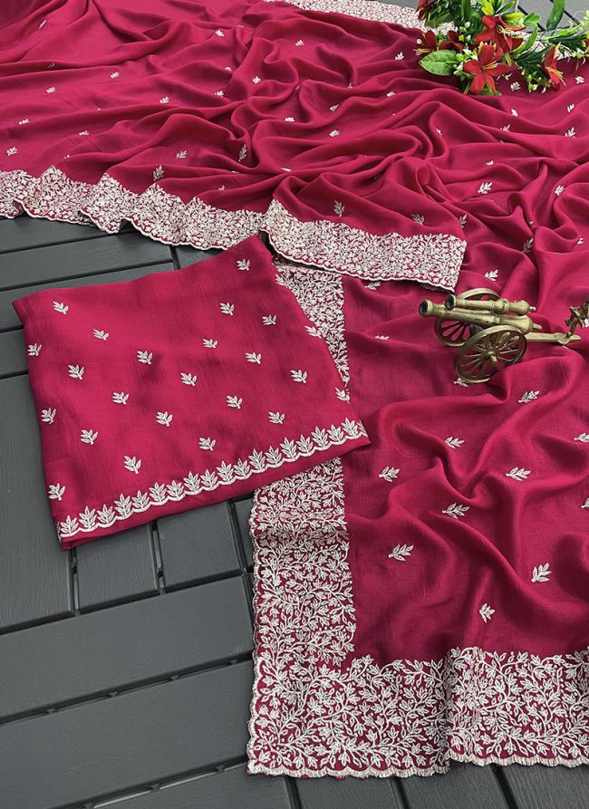 Blooming Vichitra Rani Festival Wear Embroidery Work Saree