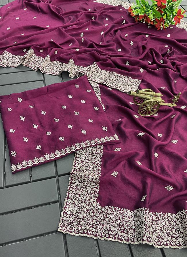 Blooming Vichitra Wine Festival Wear Embroidery Work Saree