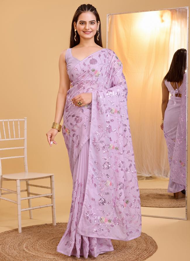 Organza Silk Lilac Festival Wear Embroidery Work Saree