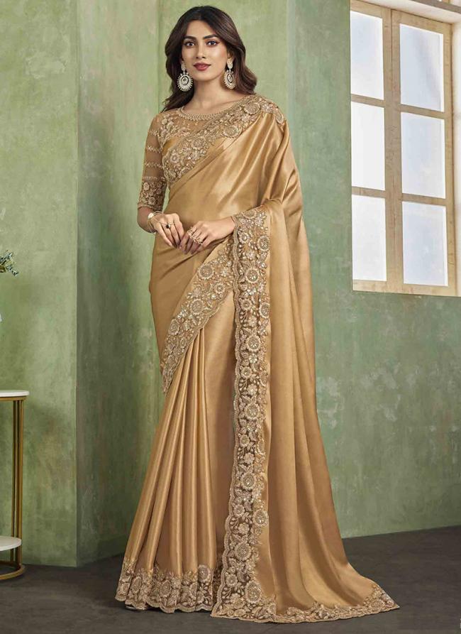 Shimmer Satin Golden Party Wear Embroidery Work Saree