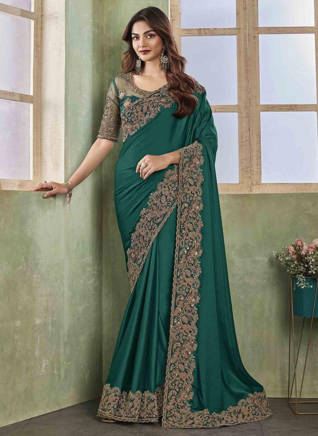 Soft Silk Green Party Wear Embroidery Work Saree