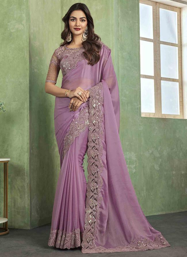 Chiffon Lilac Party Wear Embroidery Work Saree