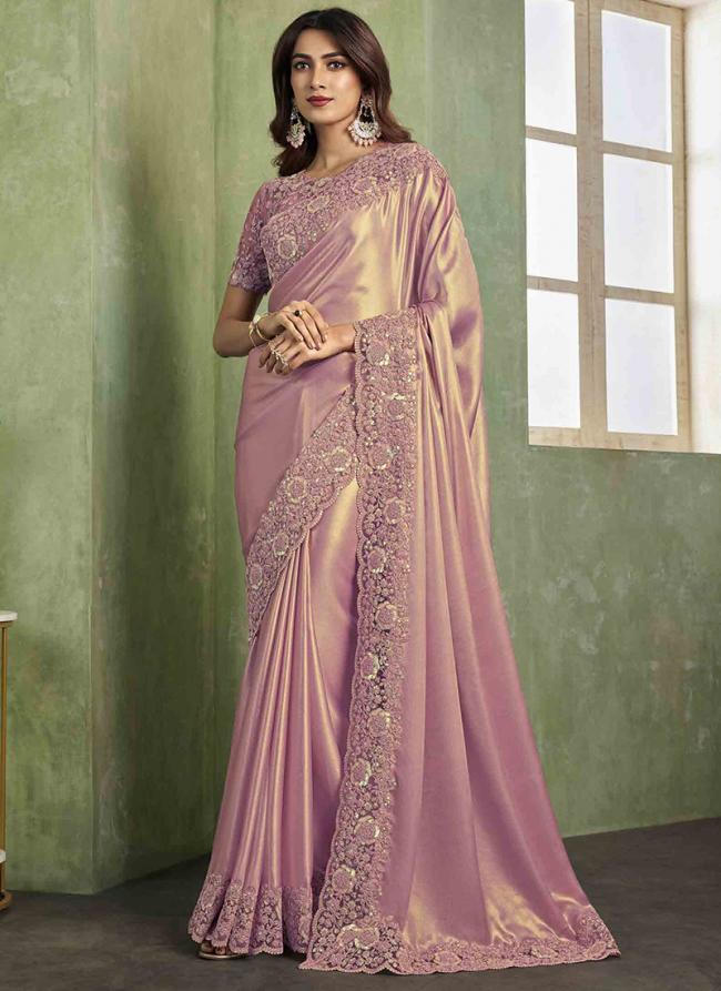 Shimmer Satin Pink Party Wear Embroidery Work Saree
