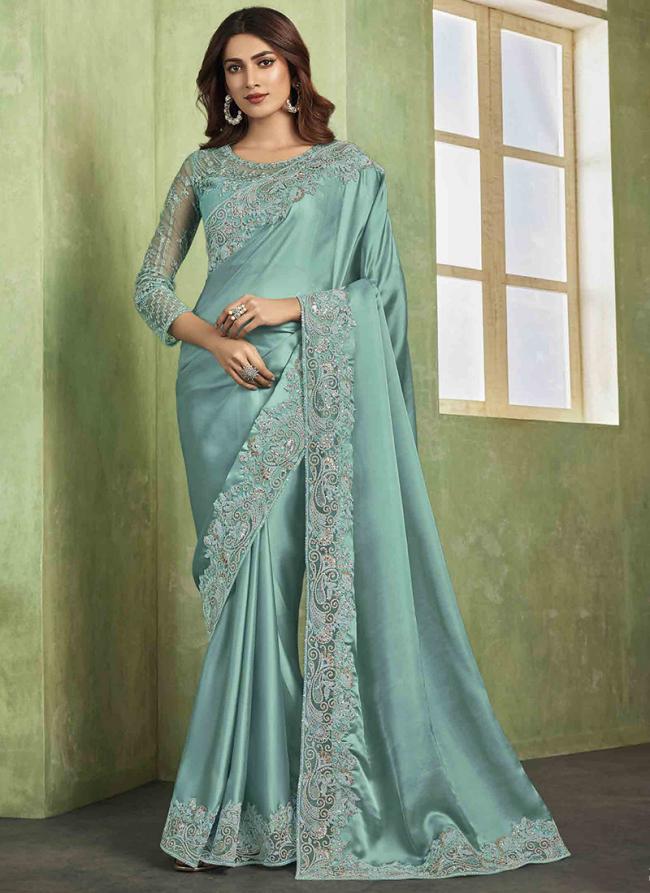 Shimmer Satin Sky Blue Party Wear Embroidery Work Saree