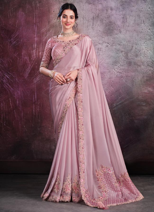 Orgenza Crepe Silk Dusty Pink Wedding Wear Embroidery Work Saree