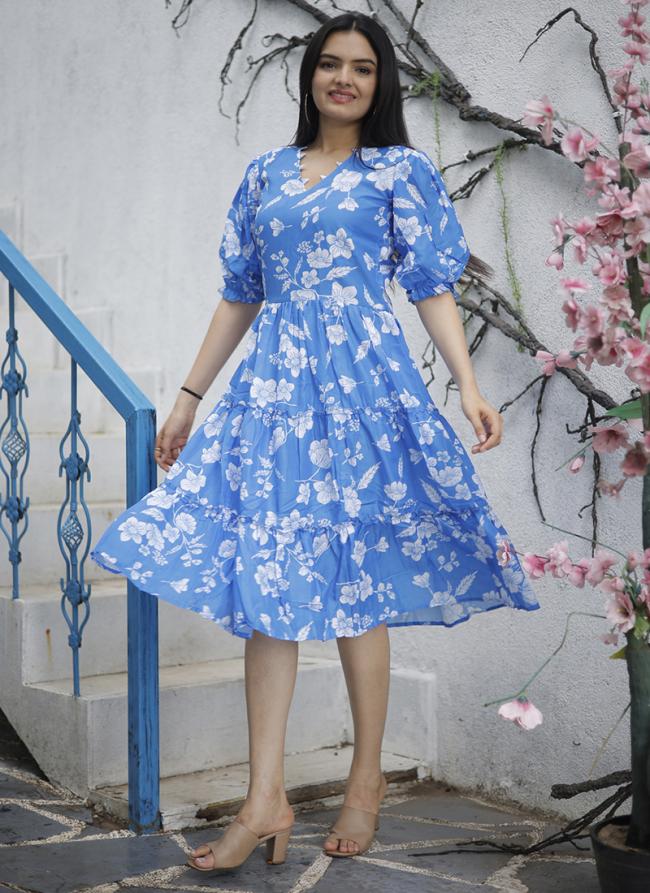 Pure Muslin Blue Casual Wear Printed Dress
