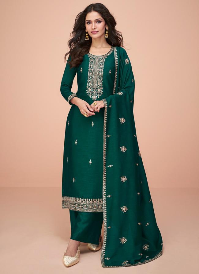Premium Silk Green Festival Wear Embroidery Work Salwar Suit