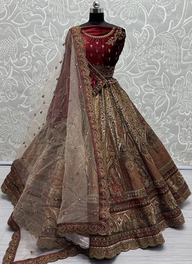 Velvet Beige Bridal Wear Multi Thread Work Lehenga Choli