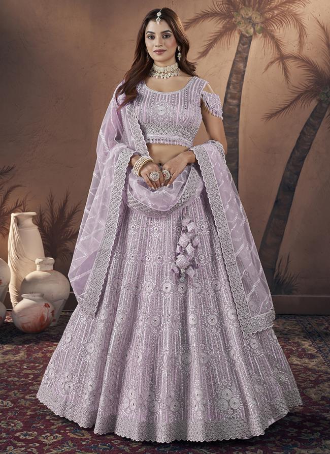 Net Lavender Bridal Wear Hand Work Lehenga Choli