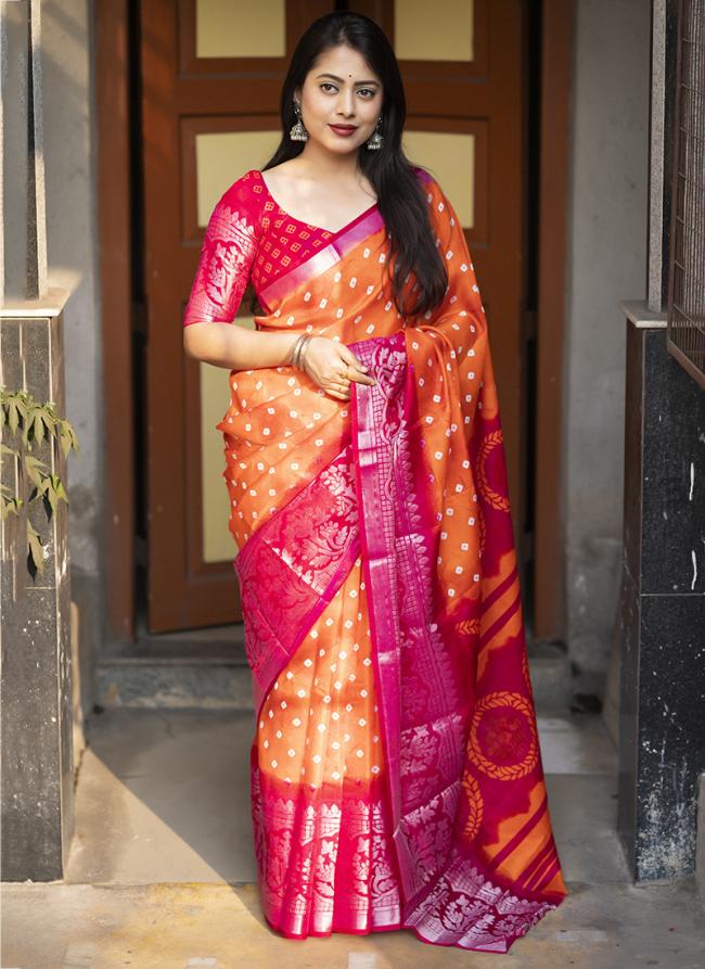 Jute Silk Orange Traditional Wear Weaving Saree