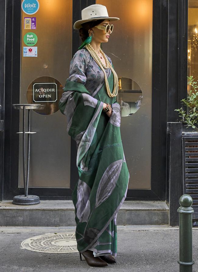 Georgette Satin Green Party Wear Digital Printed Saree