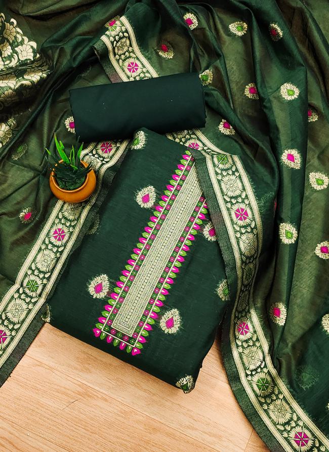 Banarasi Silk Green Traditional Wear Weaving Dress Material