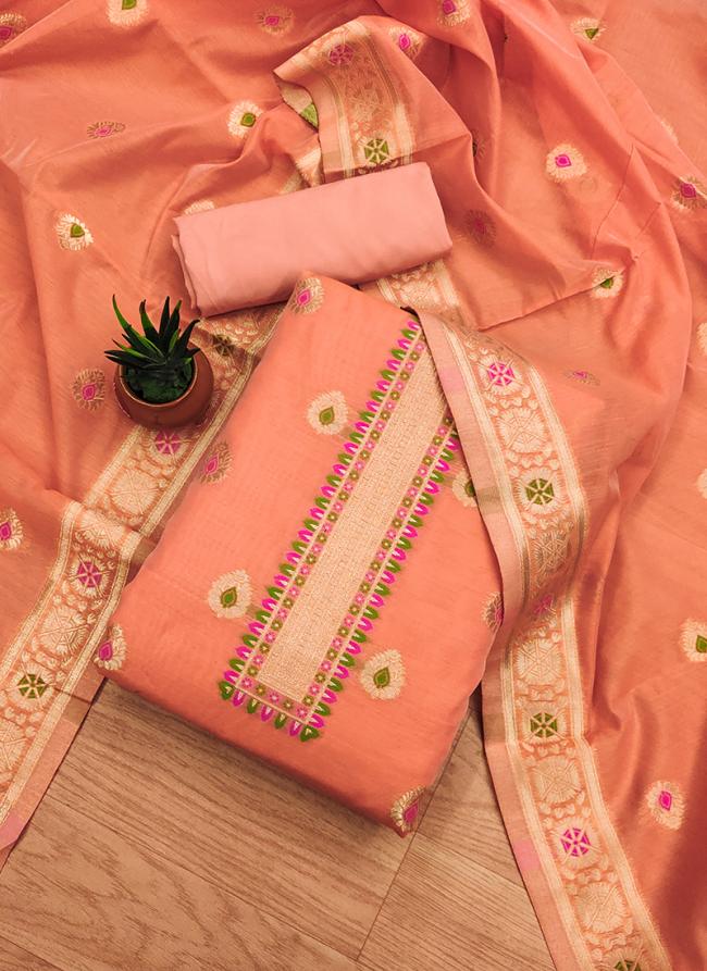 Banarasi Silk Peach Traditional Wear Weaving Dress Material