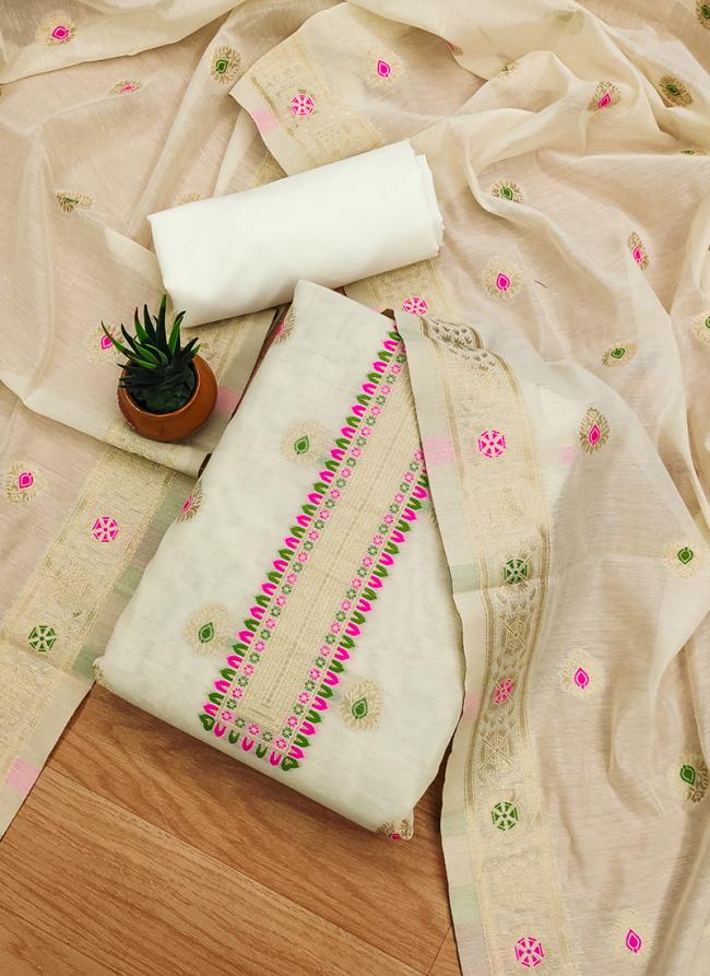 Banarasi Silk White Traditional Wear Weaving Dress Material