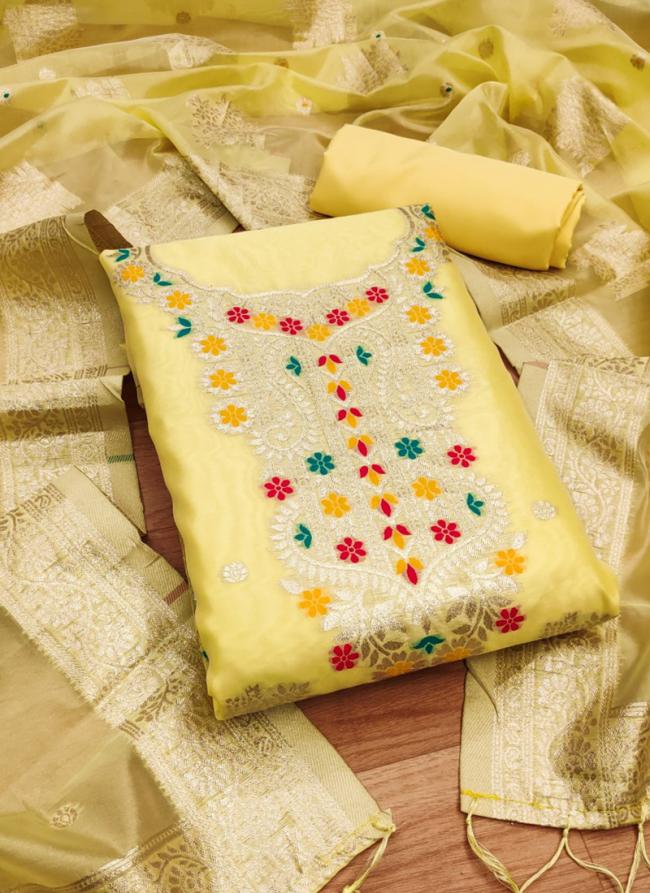 Organza Silk Yellow Festival Wear Weaving Dress Material