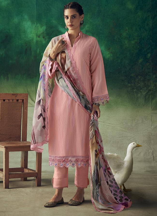 Pure Muslin Light Pink Traditional Wear Resham Work Palazzo Suit