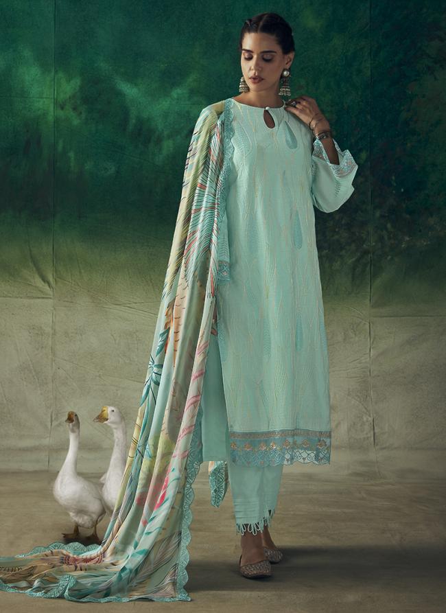 Pure Muslin Sky Blue Traditional Wear Resham Work Palazzo Suit