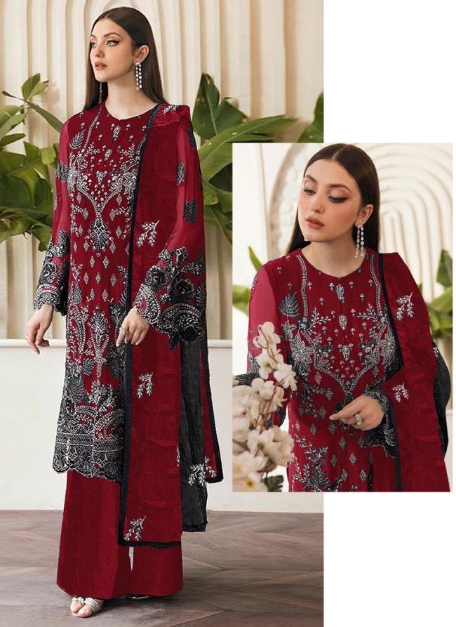 Faux Georgette Maroon Party Wear Embroidery Work Pakistani Suit