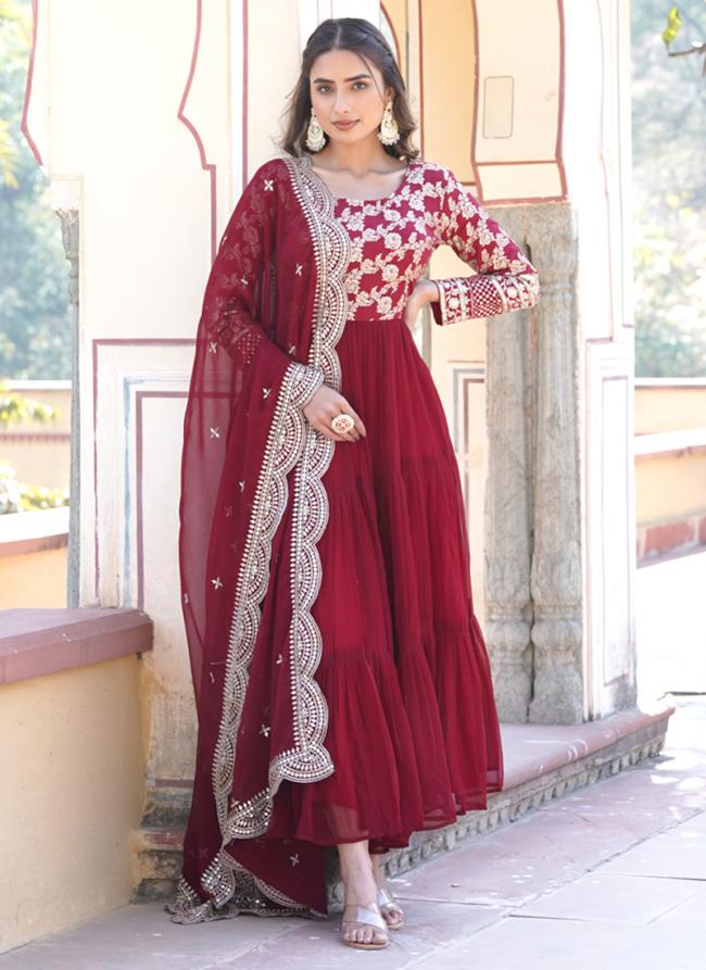 Faux Viscose Maroon Traditional Wear Sequins Work Gown With Dupatta