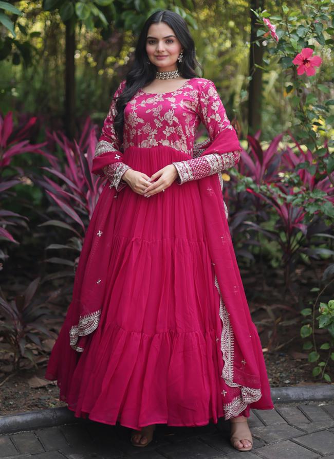 Faux Viscose Pink Traditional Wear Sequins Work Gown With Dupatta